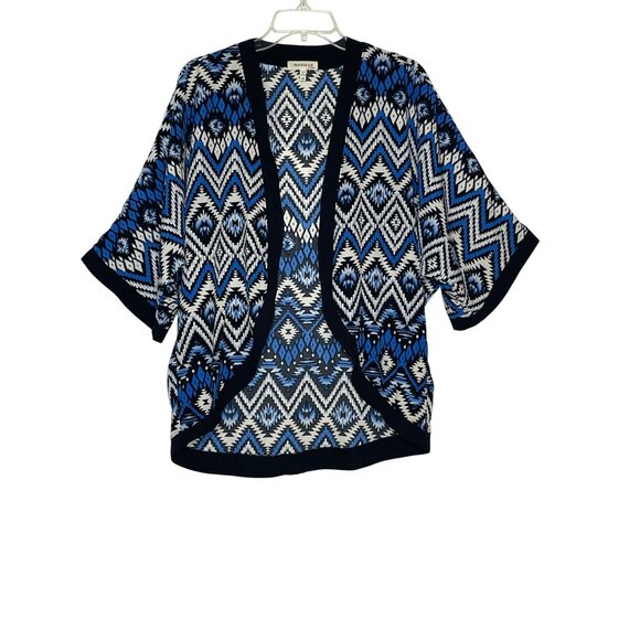 Monteau Women's Blue & Black Aztec Print Open Front Kimono Cardigan Size M - Picture 2 of 8
